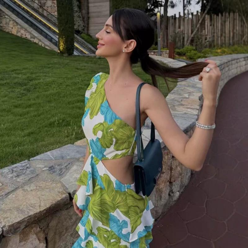 European and American summer new one-shoulder flower print waist slimming fashion dress