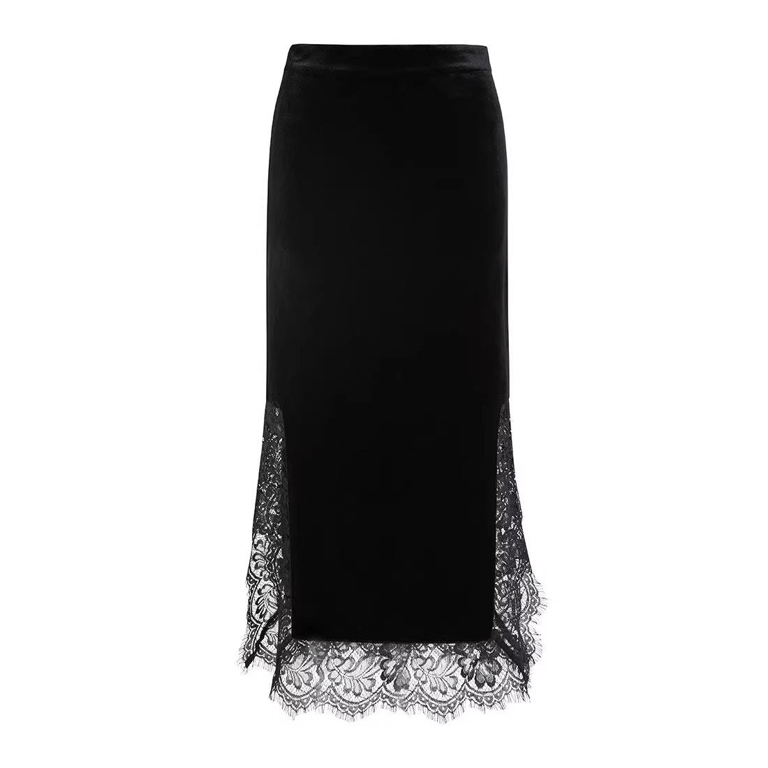 Cross2026 Lace Patchwork Velvet Midi Skirt - Women s High Waist Slimming Slit Skirt XXL