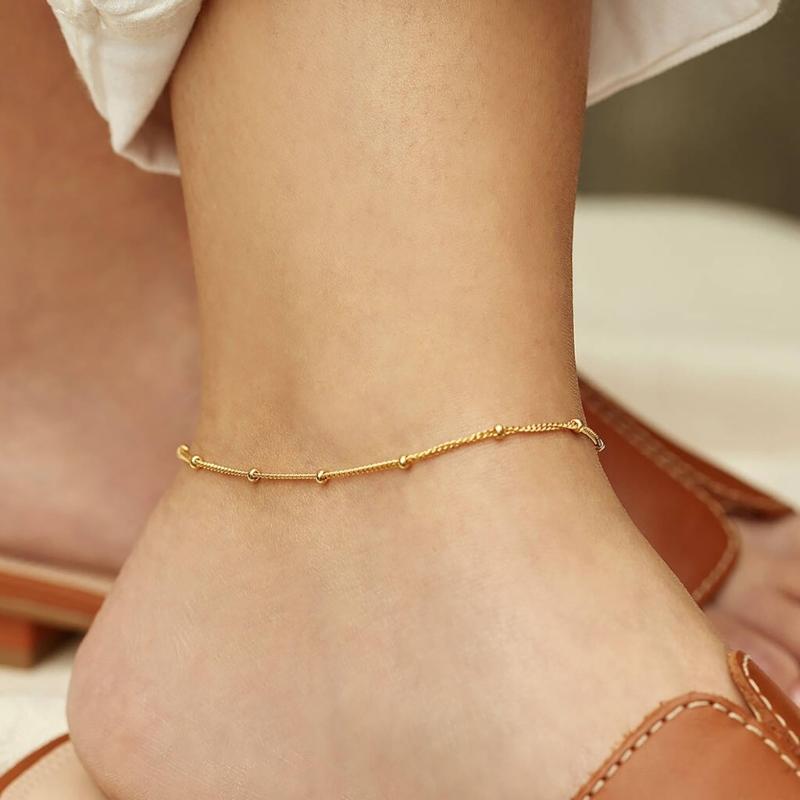 Gold-Tone Ankle Bracelet for Women, Fine Alloy Chain with Evenly Spaced Beads, Multi-Link Extension and Lobster Clasp for Adjustable Wear