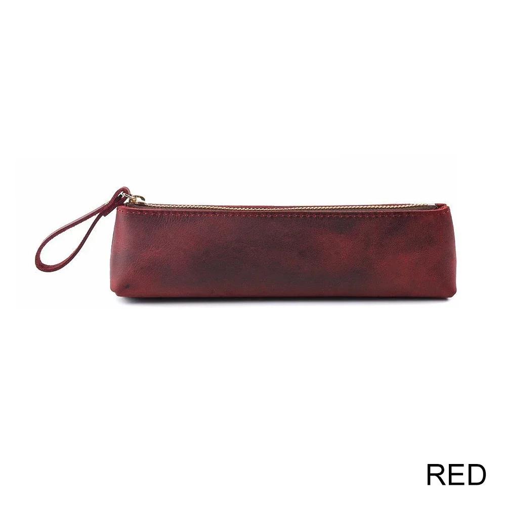 Genuine Leather Zipper Pen Case Pencil Bag Large Capacity Vintage Crazy Horse Leather Handmade Creative School Stationary