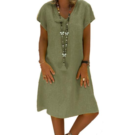 Women Casual Solid Color V Neck Short Sleeve Beach Knee-length Loose Dress