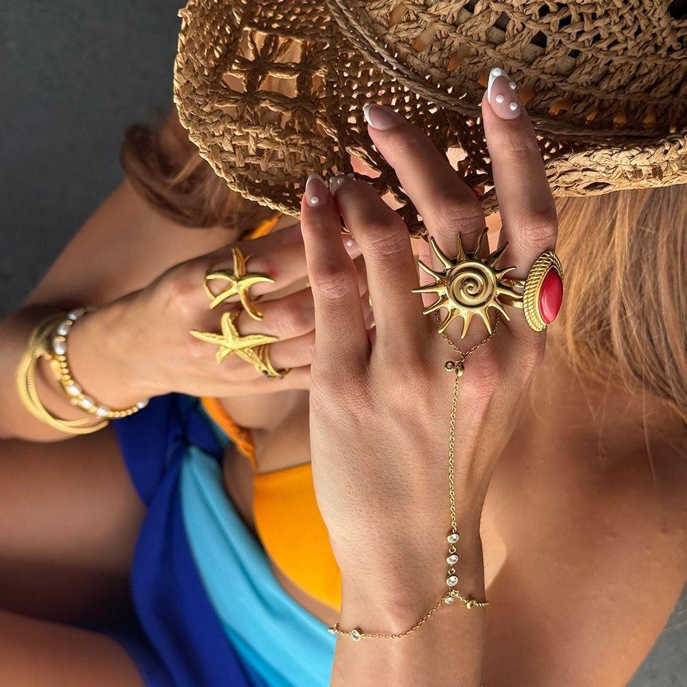 Stainless Steel Starfish Ring Gold Color Stainless Steel Jewelry Ocean Style Ring  Hand Jewelry
