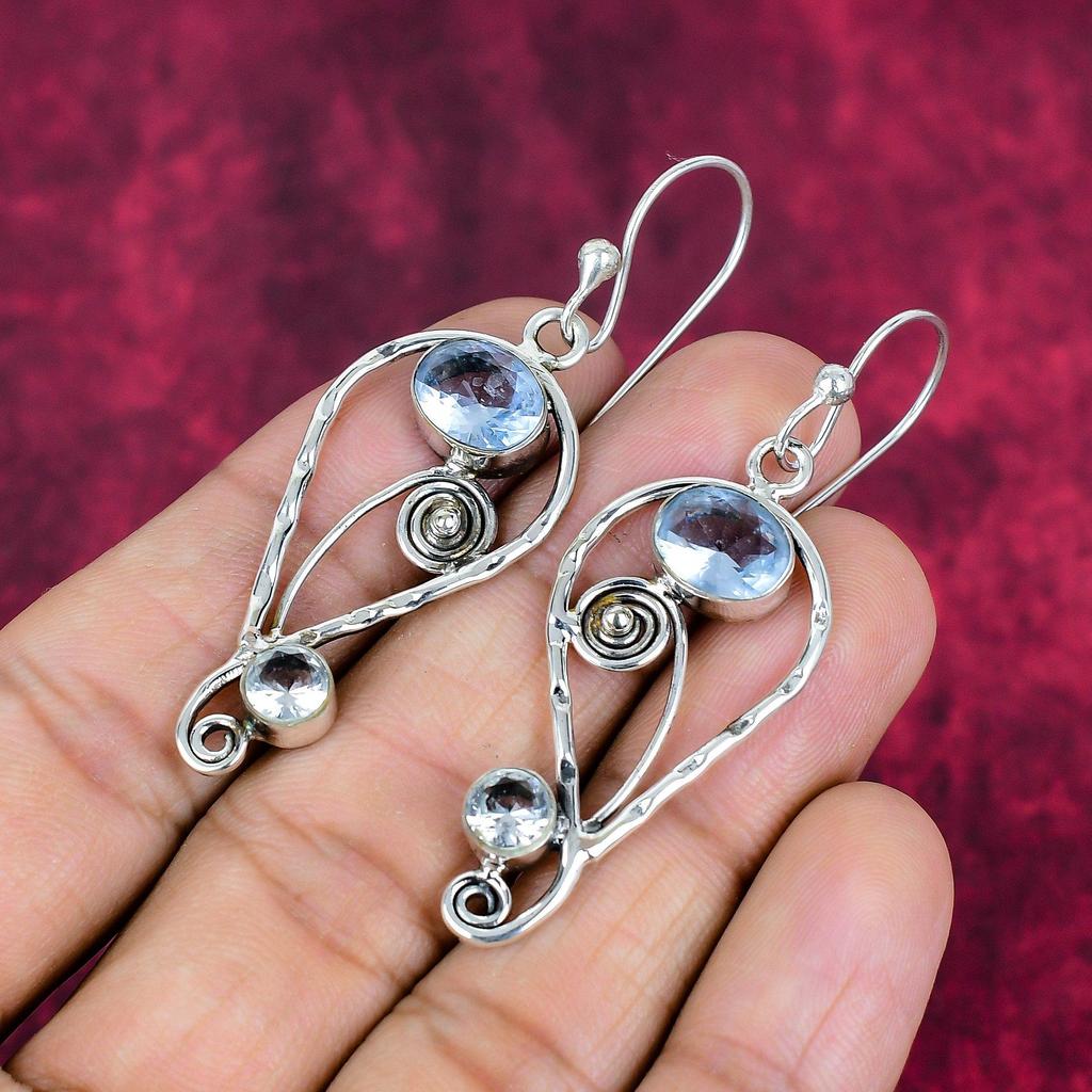 Blue Topaz Earrings, 925 Solid Sterling Silver Gemstone Jewelry, Handmade Earrings, For Thanksgiving