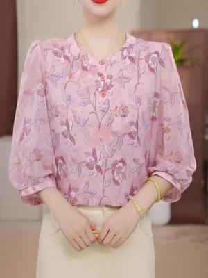 2026 Summer Lace Casual Women's Top - Loose Fit, Three-Quarter Sleeve, Age-Reducing Design