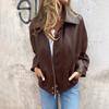 Women Autumn Winter Casual Long Sleeve  Zip Pu Motorcycle Jacket Coat with Packet
