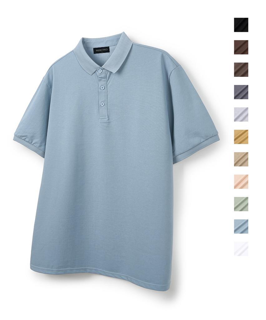 HERVINO Basic Cool Cotton Collared Short Sleeve Tee [Sky Blue] (Type B)