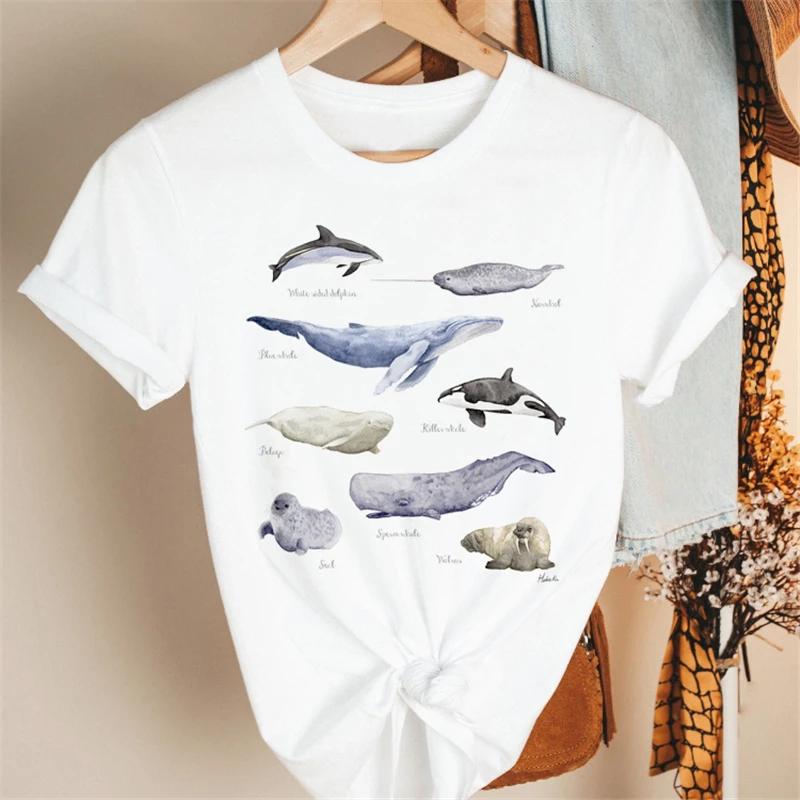 Cartoon Blue Whale Print T-shirt Cotton Retro Harajuku Short Sleeved Clothing Y2k Top T-shirt Summer Harajuku Large T-shirt