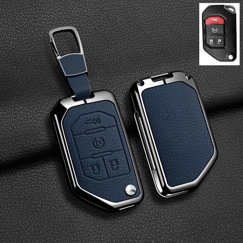 Convient Pour Jeep Gladiator Jt Sahara Jlu Wrangler Jl Rubicon Alliage de Zinc Cuir Véritable 2 3 4 Boutons Housse Étui Porte-clés pour Clé de Voiture Accessoires Auto