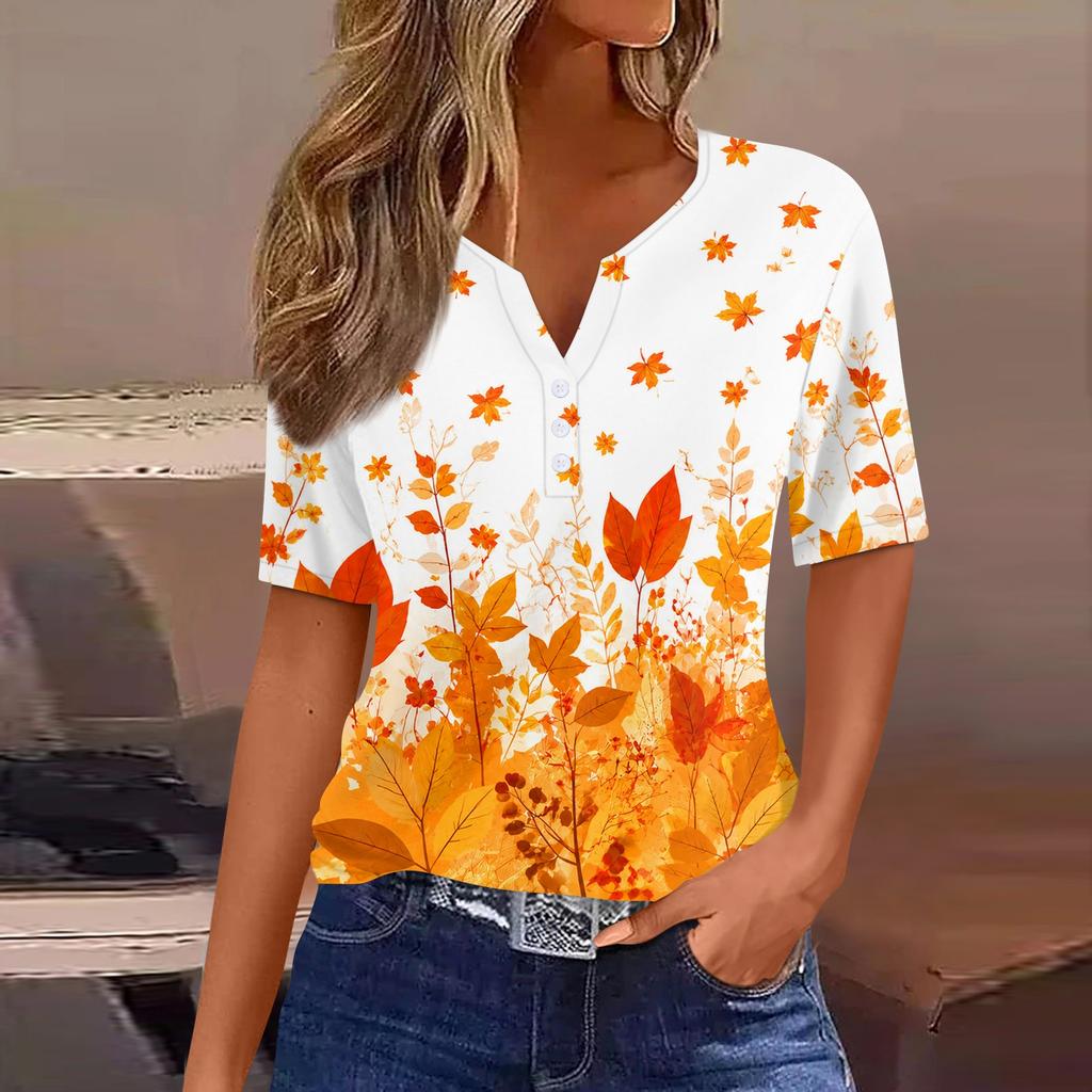 Damen Casual Kurzarm Hemdbluse mit Knopfleiste und Ahornblatt-Print