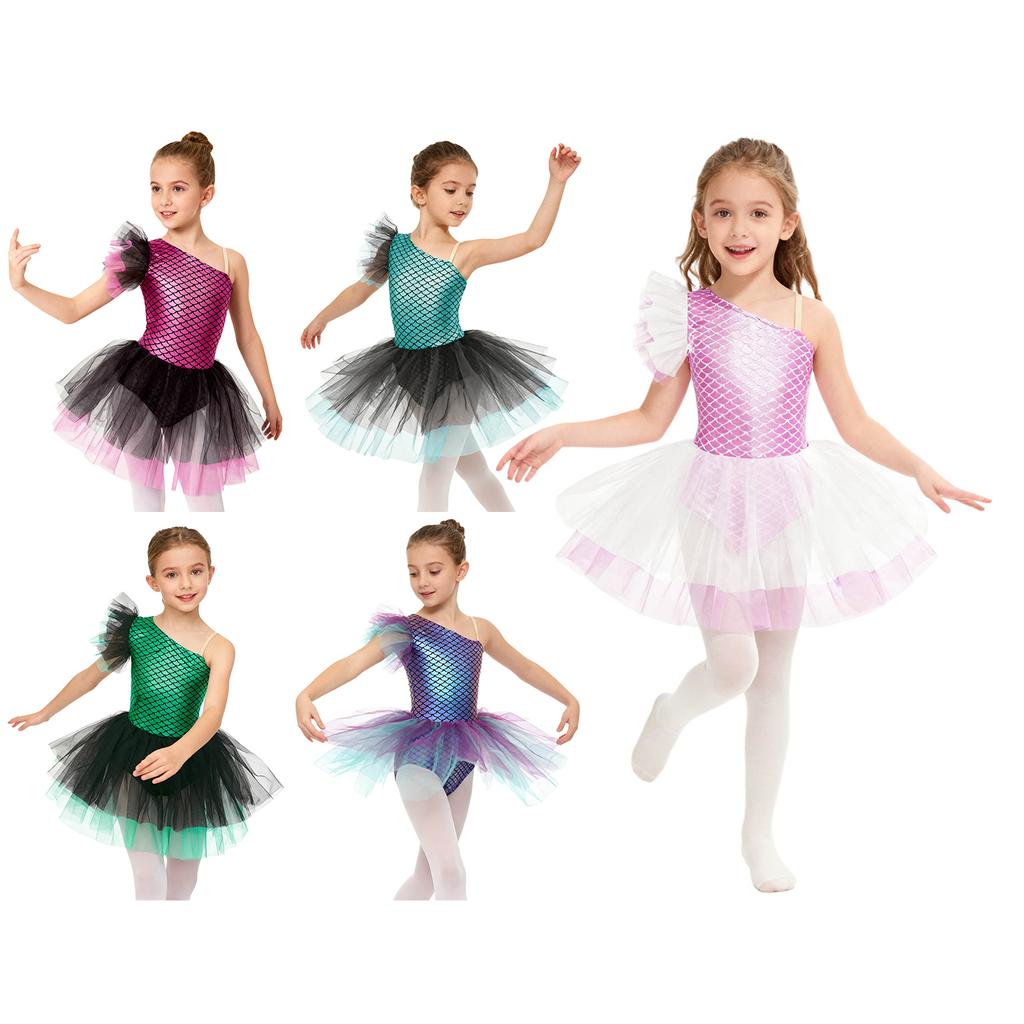 Komplettes Ballett- & Meerjungfrauen-Tanzkostüm für Mädchen: Ein Schulterfreies ärmelloses Trikot mit Tüllrock, Halloween & Auftritt