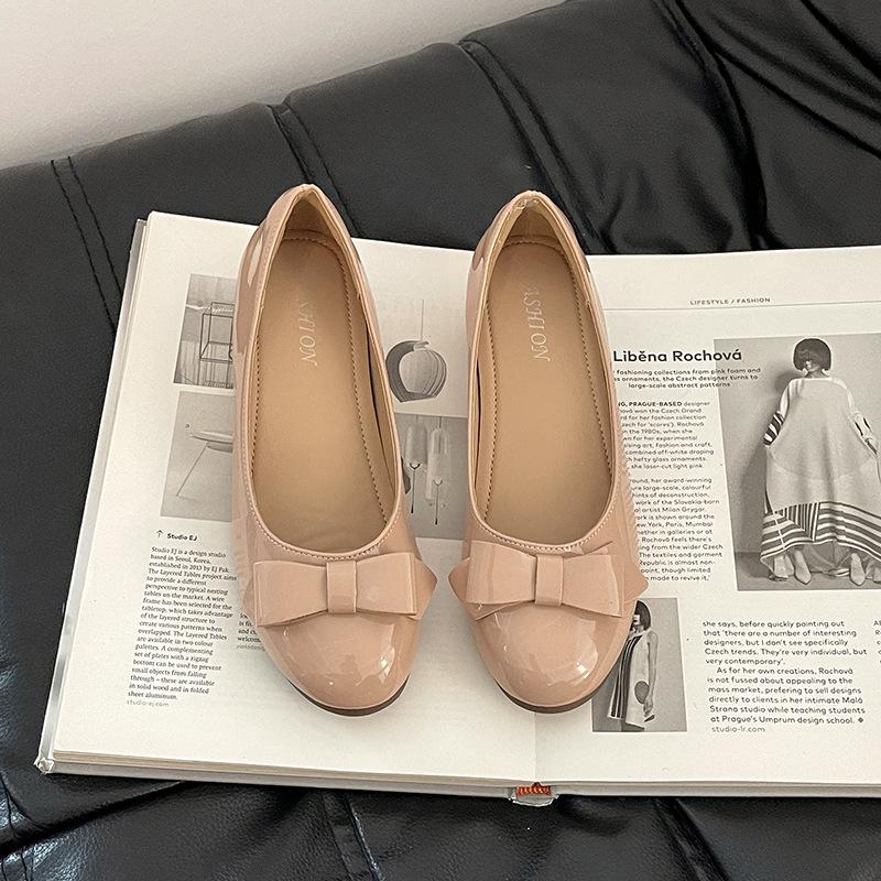 Summer Bow Commuter Leather Shoes Work Round Head Shallow Mouth Single Shoes Women's Fashion Patent Leather Wedge Soft-soled Shoes