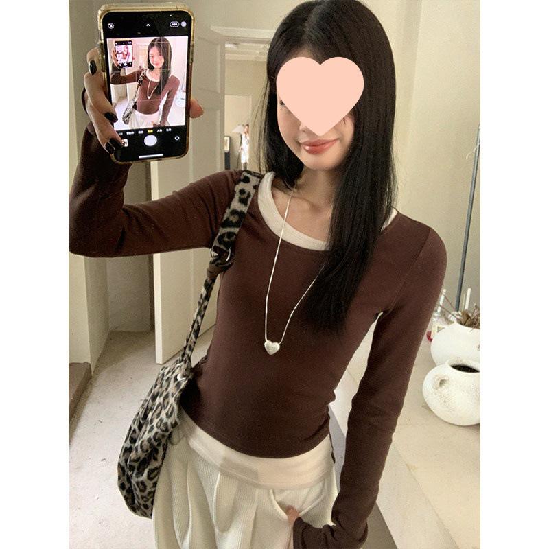 Women's Slim-Fit U-Neck Dark Blue Two-Piece Look Long-Sleeve T-Shirt - Korean Style Autumn