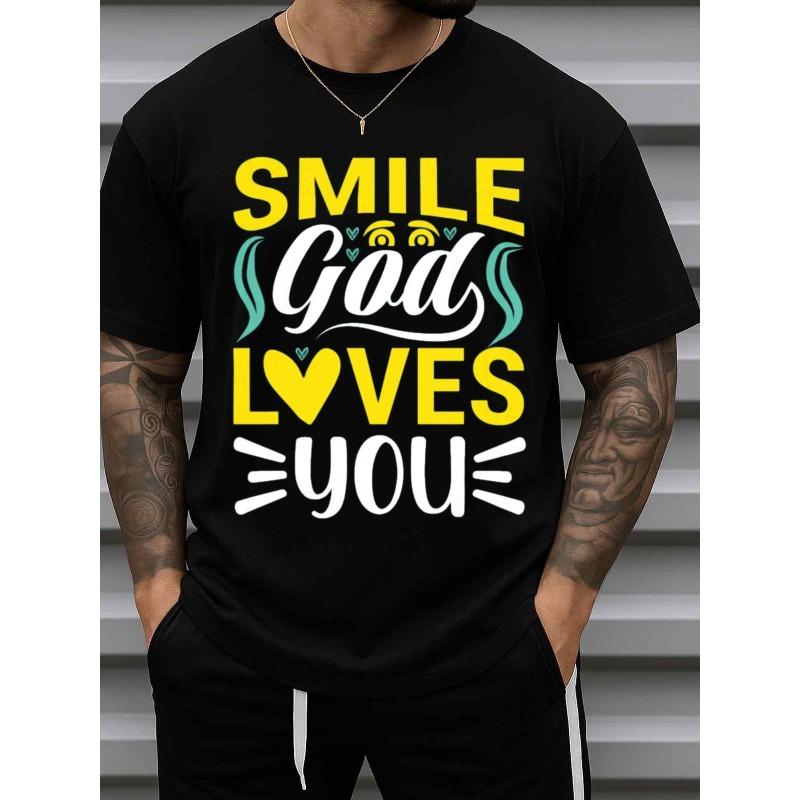 

European sizes Men S Faith Comfort Colors Smile God Loves You Christian Graphic T-Shirt - Colorful Inspirational Message, joyful Face & Hearts Design 4XL чорний