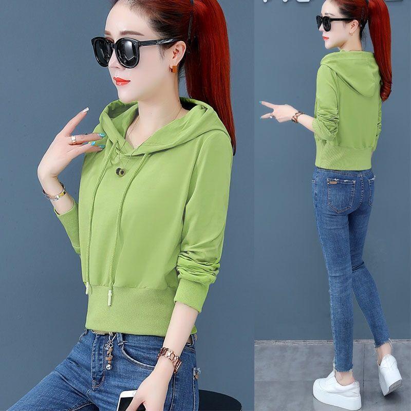 Синий весенне-осенний свитер с капюшоном и короткой талией, корейская версия тонкой части с длинными рукавами S зелёный