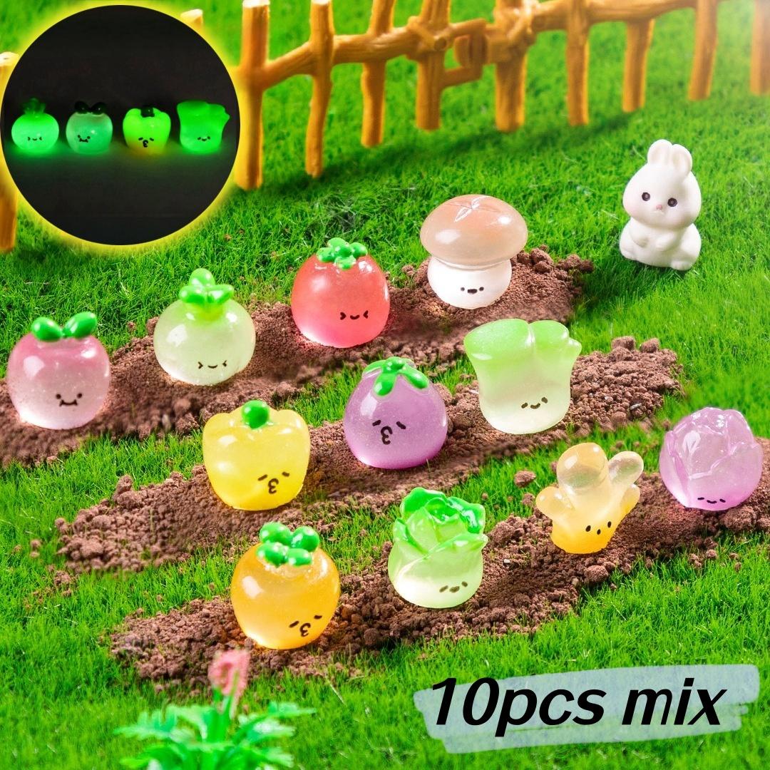 

10 cute glowing resin vegetable statues, no need for electricity, garden micro animal theme decoration, suitable for rooms, cars