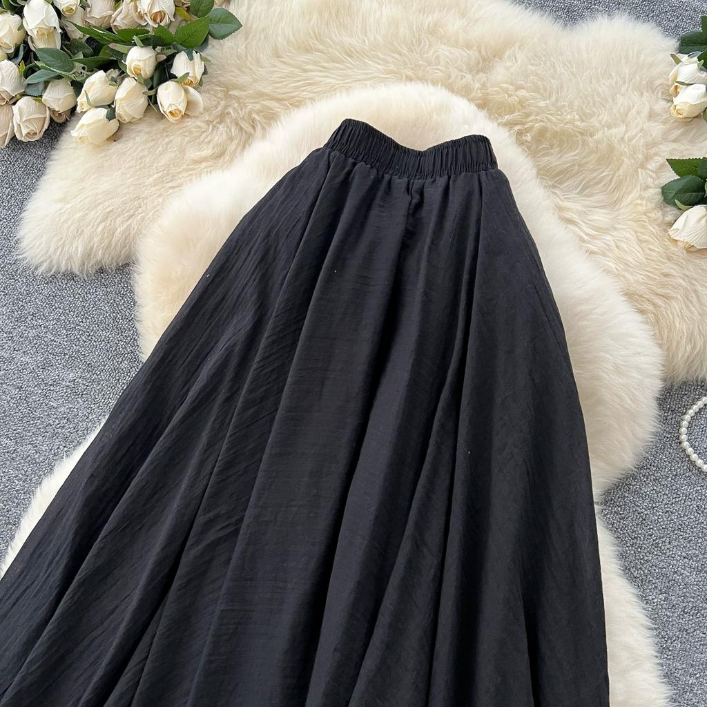 Summer Women Chic Cotton Linen Solid Elastic Waist Long Maxi Skirt