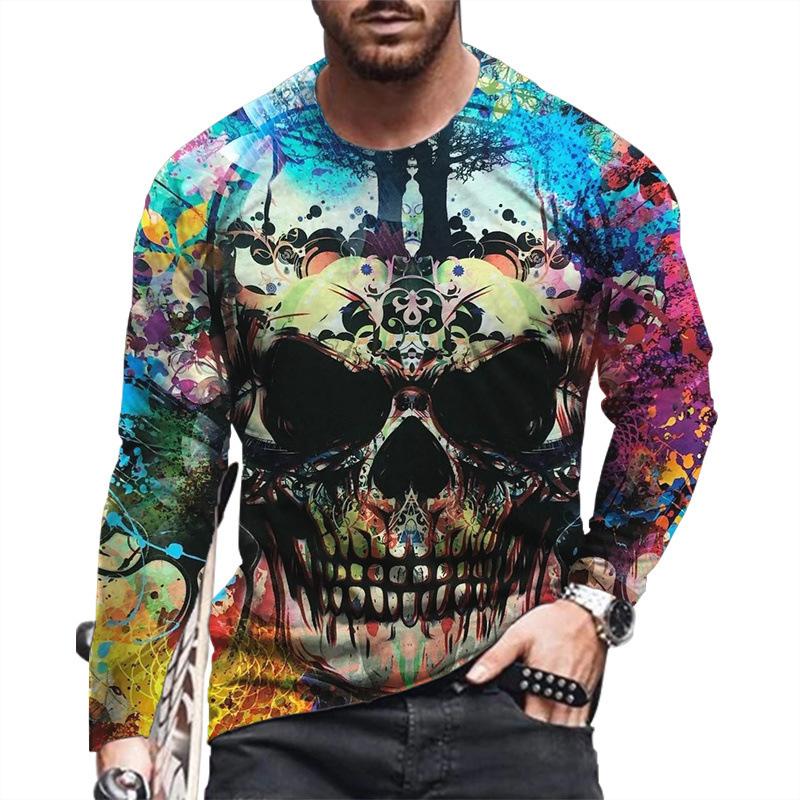 Autumn Winter Men's Pullover Long Sleeve Top Loose Fit Spring Skeleton Youth Men Round Neck Casual T-shirt
