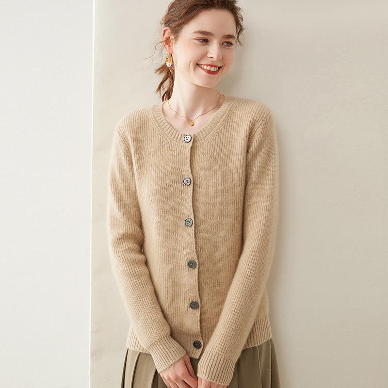 2024 Women's Cashmere Ribbed Round Neck Loose Knit Cardigan Sweater for Autumn/Winter