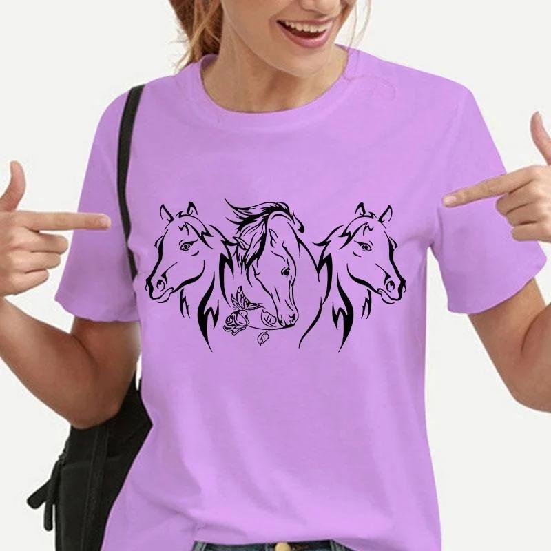 New Horses Print T-shirts Women Summer Cool Short Sleeve Female Casual T-shirts Round Neck Tops