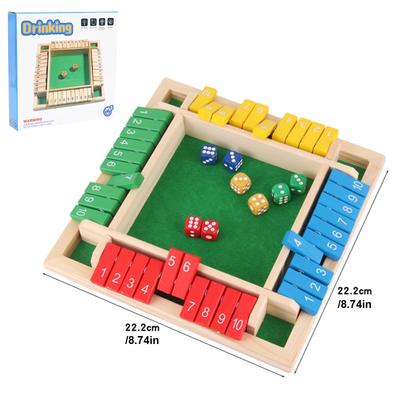 Shut The Box Kostková desková hra Čtyřstranná flipová karetní hra Hračky Cestovní velikost Kostky pro 4 hráče Matematické hry Dřevěná hra pro děti i dospělé