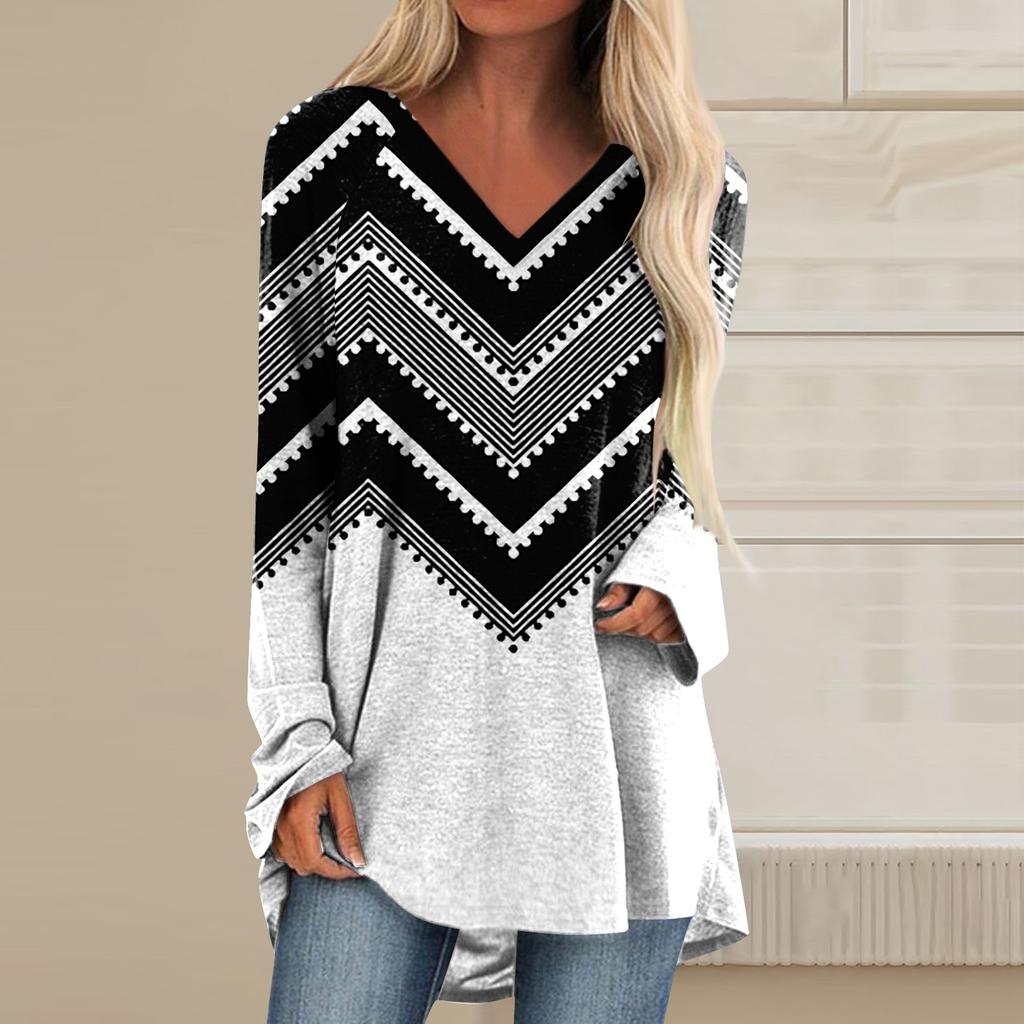 Women's Long Sleeved V-neck Color Casual Long Loose T-shirt Top
