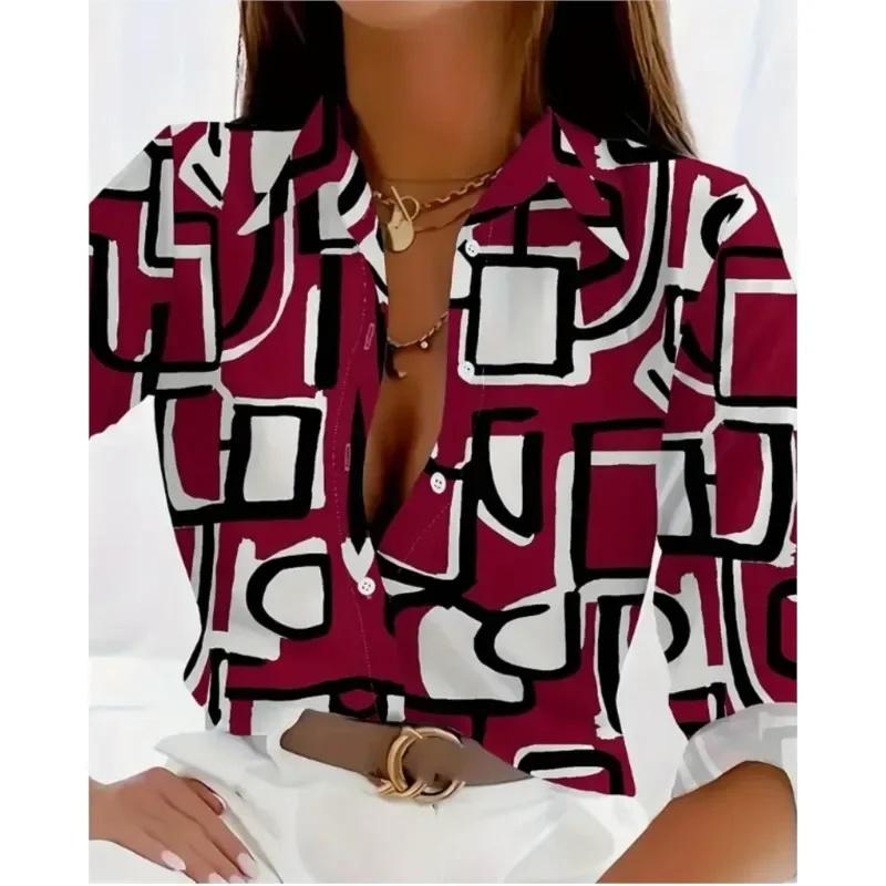 Spring Elegant Circle Printed Patterns Women's Shirt Long Sleeve Turn-down Collar Button Office Ladies Blouse Top Clothing