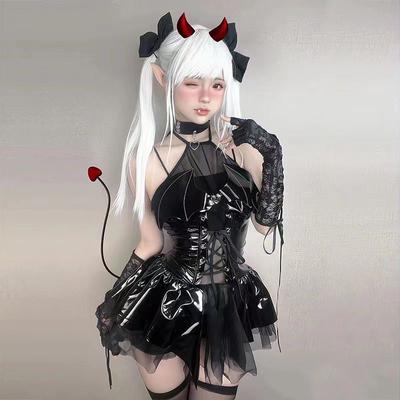 AltGoth Seksi Cosplay Pu Elbise Kadın Harajuku Sokak Giyimi Grunge Bandaj Hollow Out Yarasa Elbise Punk Y2k E-girl Mall Gotik Giysiler