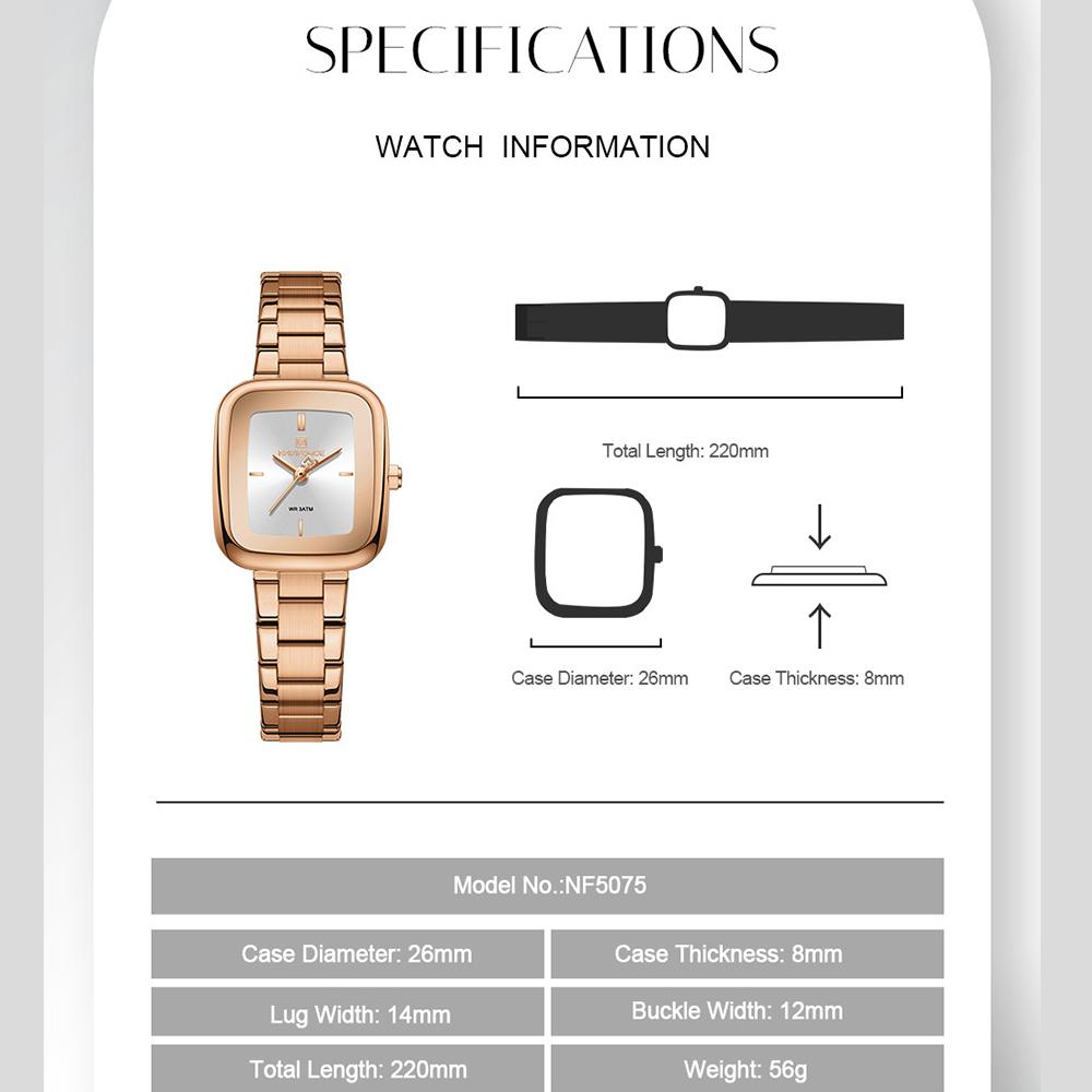 NAVIFORCE Original Simple Women Quartz Watch Square Case Stainless Steel Strap 3ATM Waterproof Lightweight Casual Fashion Women Watch NF5075