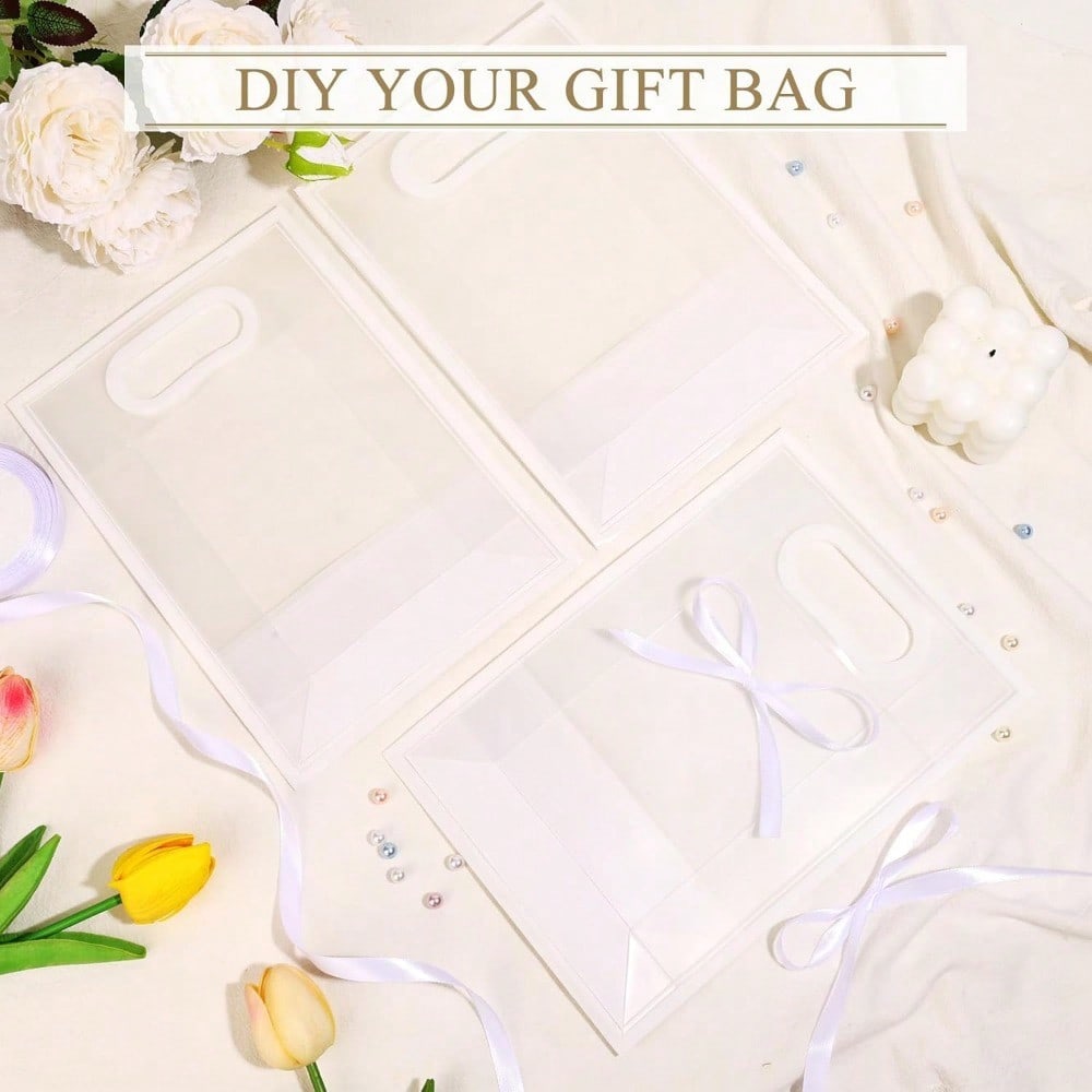 10pcs Clear Plastic Gift Bags with Handles 7"x10"x3.2" Reusable PP Favor Bag with Ribbon Transparent Plastic Gift Bags