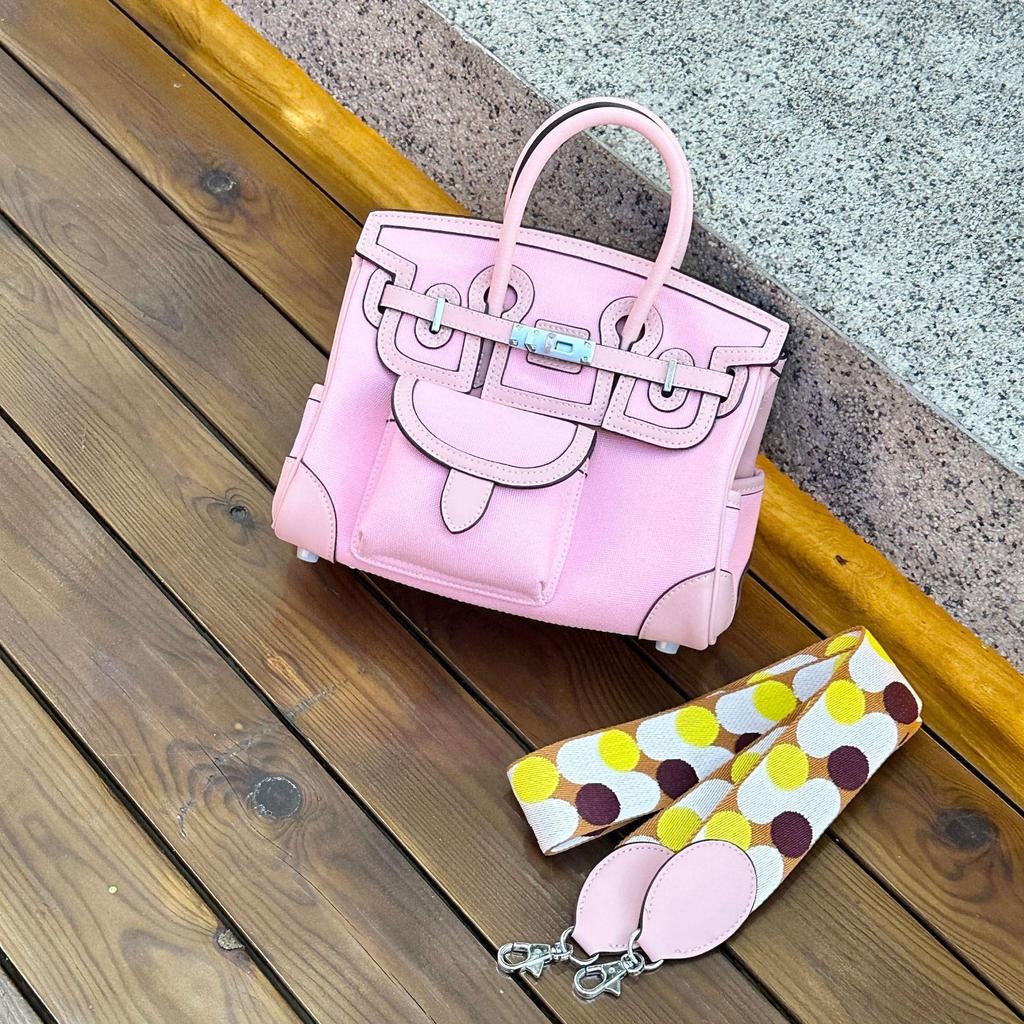 2025 Haute Couture Cargo Birkin Canvas Patchwork Women's Small Handbag with Wide Shoulder Strap