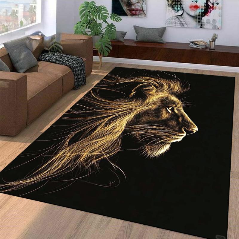 Lion Profile Glow Design Carpet, Black Background Modern Rug. Suitable for use as an anti-slip for living room bedroom sofas
