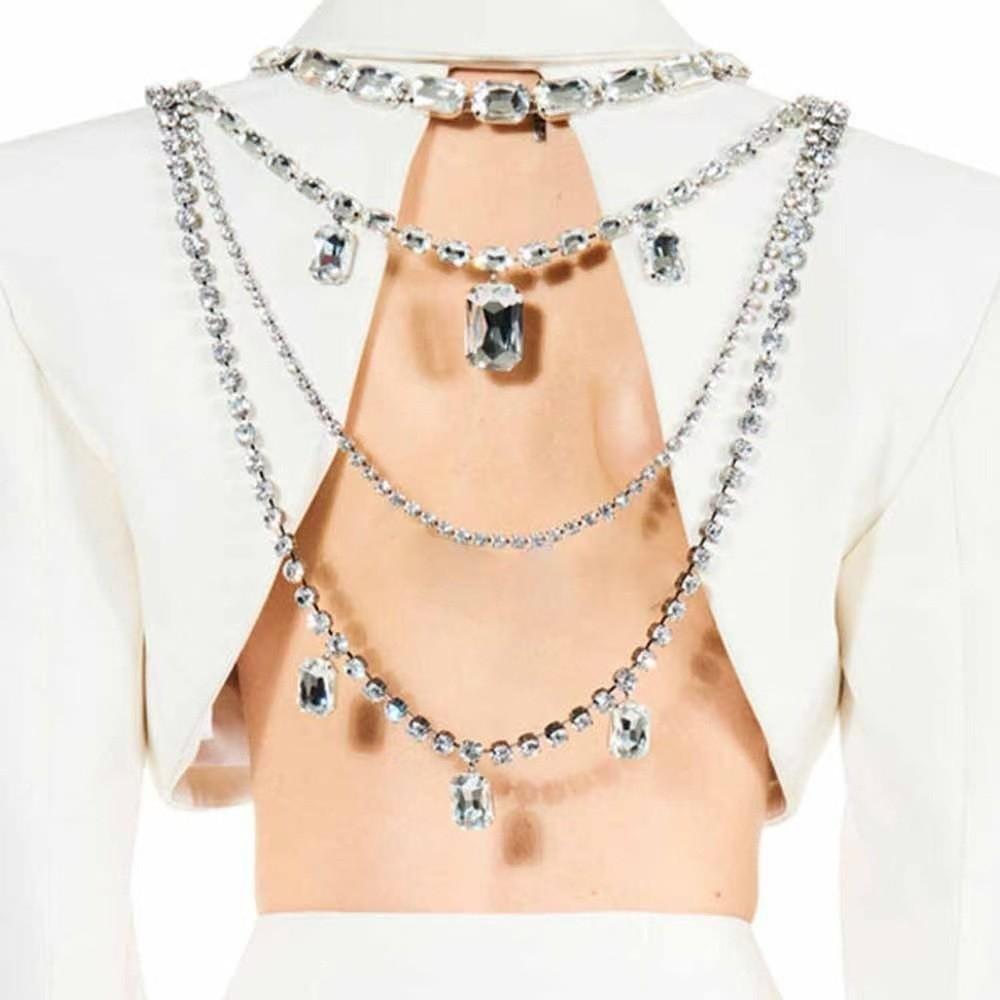 Multilayer Back Body Chain Tassels Shine Rhinestone Necklace Shoulder Chain Necklace Wedding