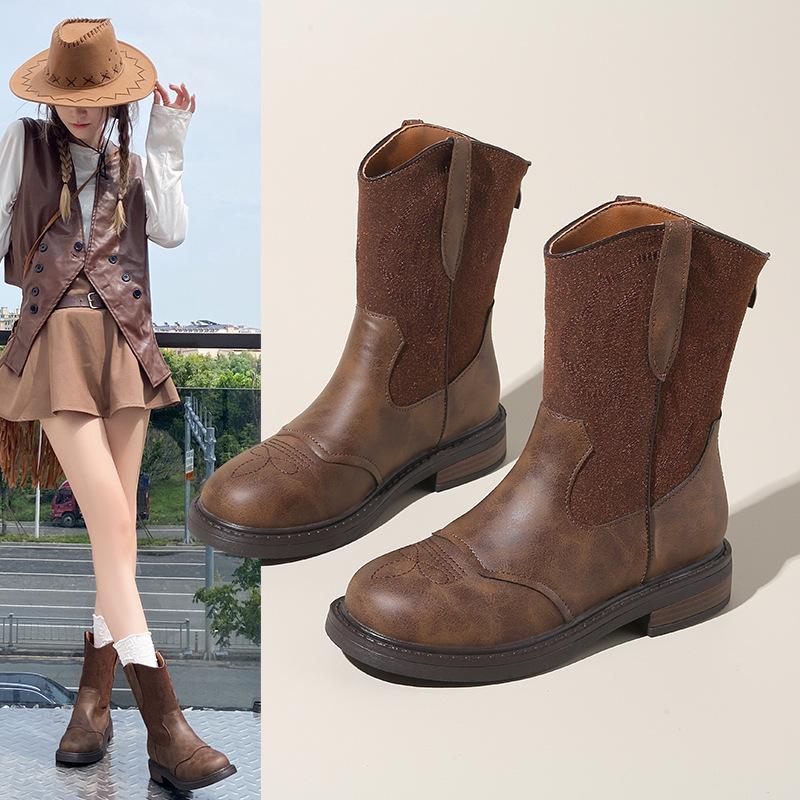British style retro embroidery inner heightening western cowboy boots women's 2025 spring and autumn versatile ethnic style Martin boots