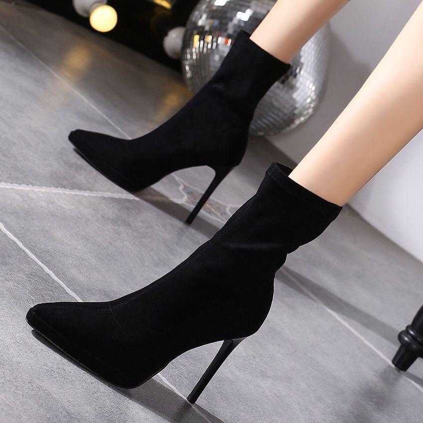 Super high women's elastic short boots street thin boots medium boots pointed waterproof table suede