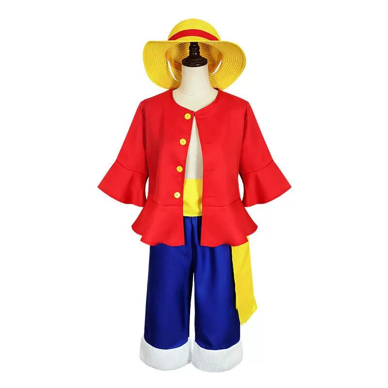 One Piece Monkey D Luffy Cosplay Costume, Red Jacket Blue Pants with Straw Hat, Adult & Kids Anime Role‑Play Halloween Outfit