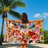 1pc Karol G "Mañana Será Bonito" Album Cover Beach Towel - Vibrant Cartoon Characters, Tropical Palm Trees & Clouds Design