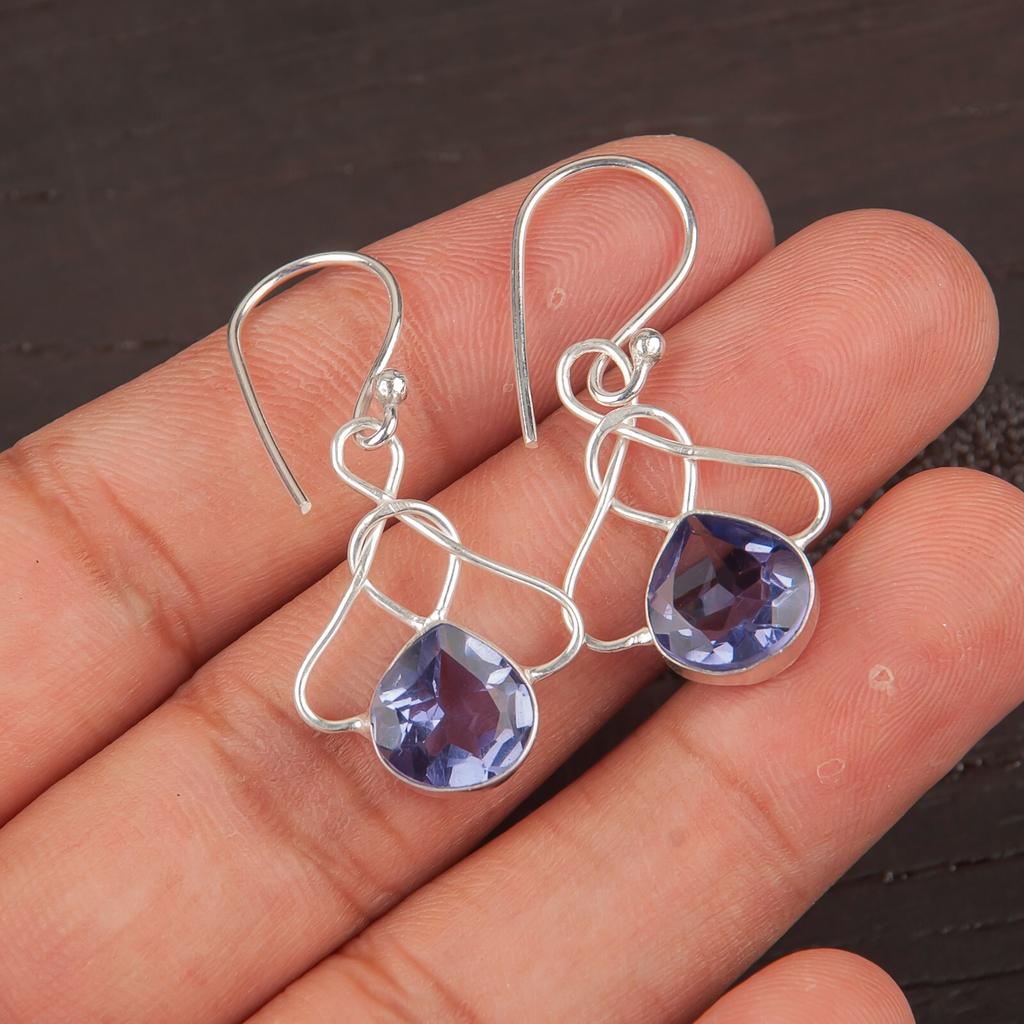 Iolite Gemstone 925 Stamped Silver Handmade Earrings 1.50" For Anniversary Gift EE-2-9