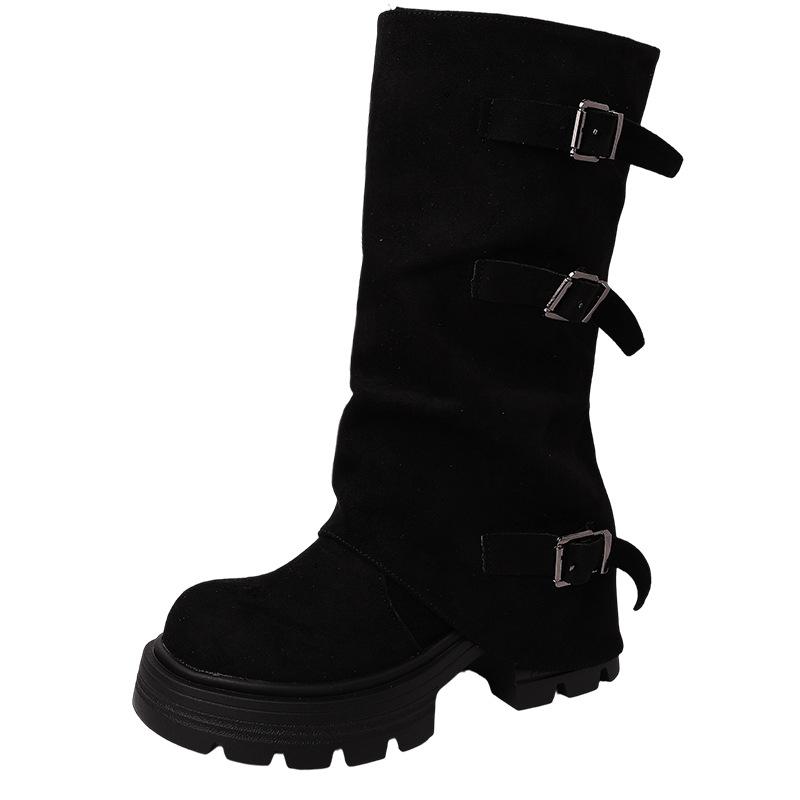 Wasteland wind thick-soled western cowboy fashion boots women's 2025 autumn and winter new pleated belt buckle outer wear medium boots tide