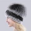 New Outdoor Good Elastic Natural Rex Rabbit Fur Hat Women Winter Knitted Real Sliver Fox Fur Cap Lady Real Fur Hats