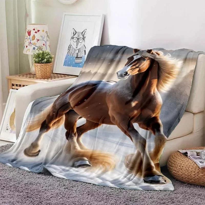 3D Cartoon Horse Print Flannel Throw Blanket – Soft Warm Picnic Blanket, Retro Home & Travel Birthday Gift, Cozy Comfort