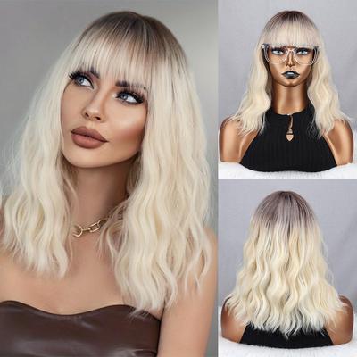 Synthetic Ombre White Silvery Natural Wavy Short Bob Wig Extension With Bangs Fiber Cosplay Daily Wear Natural Water Wave Wig