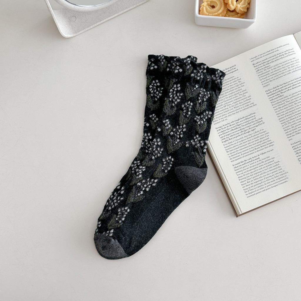 Autumn And Winter Retro Wide-Mouth Relief Socks Cotton Mid-Leg Women'S Socks Women'S Japanese Ethnic Style Floral Stockings Literary And Artistic