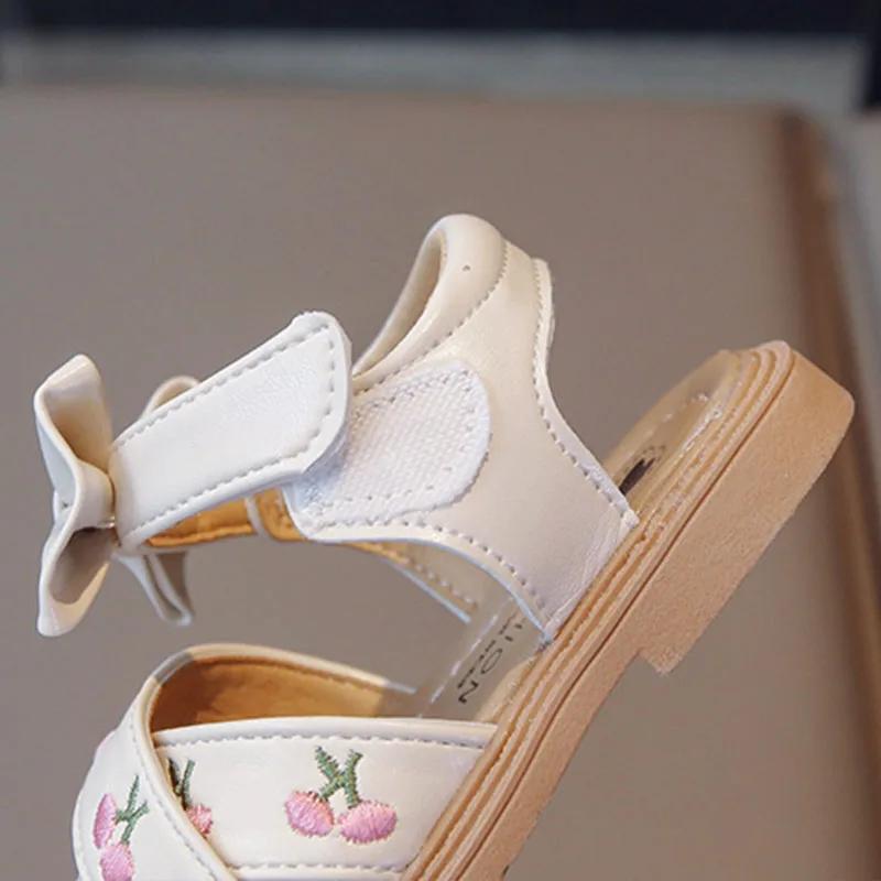 Summer Sandals for Girls Bow-knot Embroid Flower Children Sliders Green Pink 22-31 Classic All-match Soft Kids Flat Shoes H07051