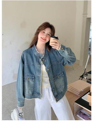 Women's Retro Blue Denim Jacket with Frayed Hem - 2025 Spring/Autumn Collection, Loose Fit, Slimming, Petite Size.