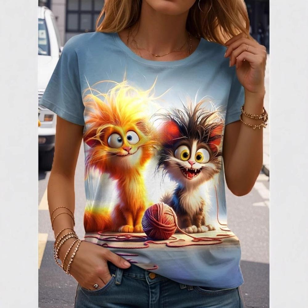 Cute Animal Series 3D Digital Printed Women's Casual and Comfortable Round Neck Short Sleeved T-shirt