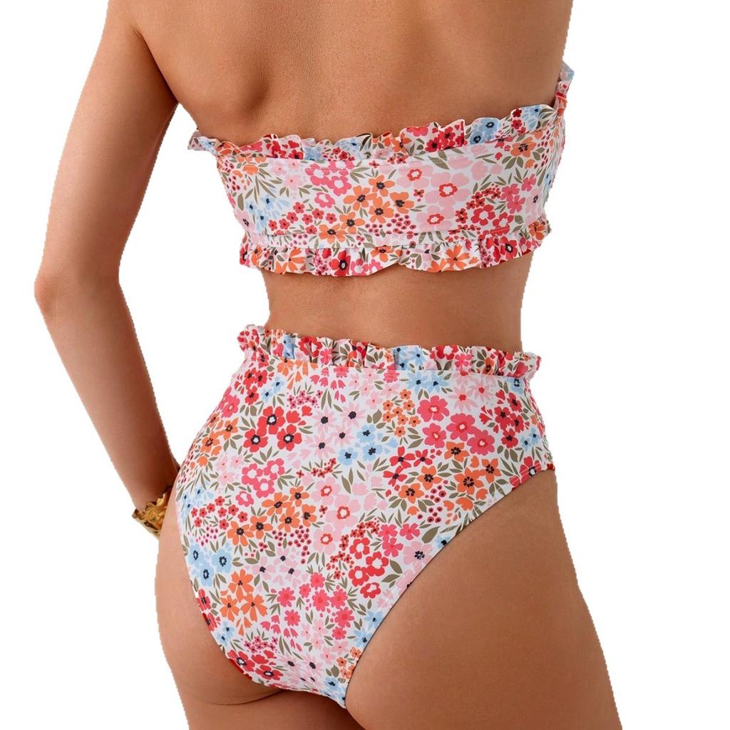 European And American Trend Printing Split Swimsuit Female Sexy Fungus Edge Bikini Suit