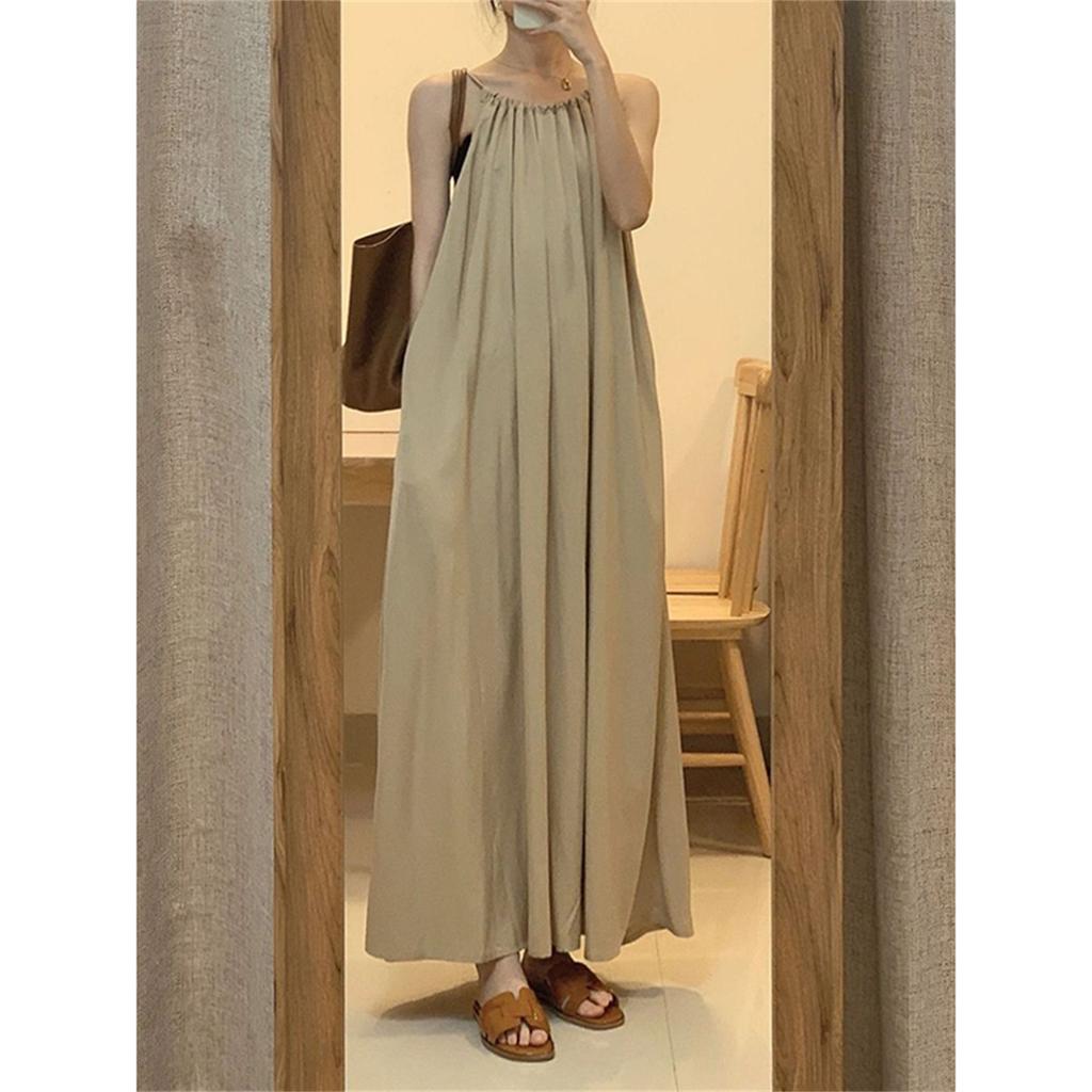 Coffee Break French Chic Neck Sling Dress Art High-end Temperament Khaki Sleeveless Vest Skirt Children