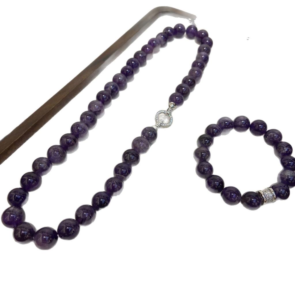 12Mm Natural Amethyst Beaded Necklace Bracelet Set Female Simple Fashion Versatile Atmosphere Necklace Jewelry