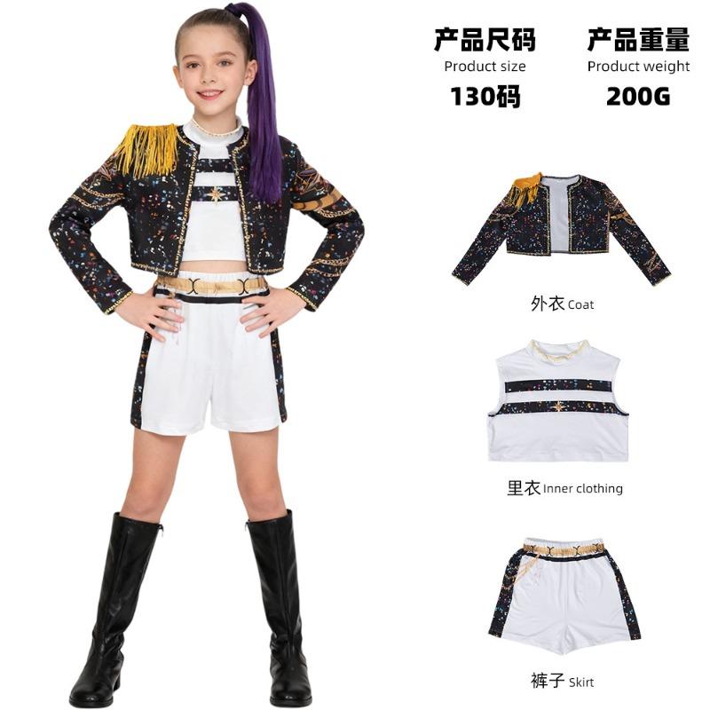 New Girls Demon Hunter Costumes Kids Pop Singer Children's Clothing Set Black Gold Witch Hunter Group