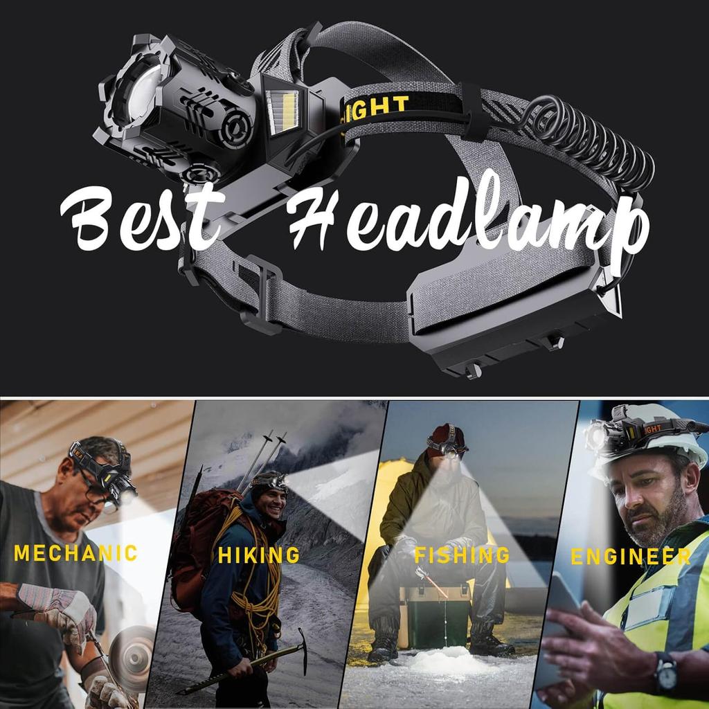90000 Lumens Rechargeable Headlamp with 9 Modes, Adjustable Focus, and Battery Indicator - Waterproof Hard Hat Design